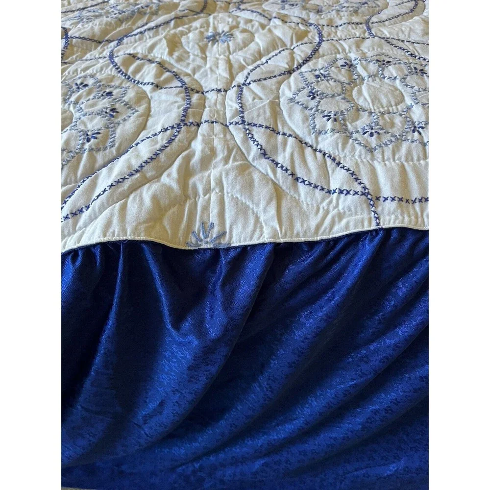 Handmade Lancaster Co PA Blue White Cross Stitch Bedspread wAttached Dust Ruffle